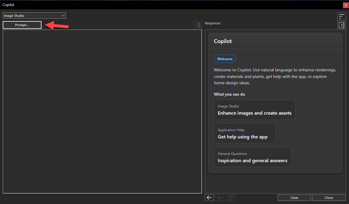 Prompt button in Image Studio to access input options